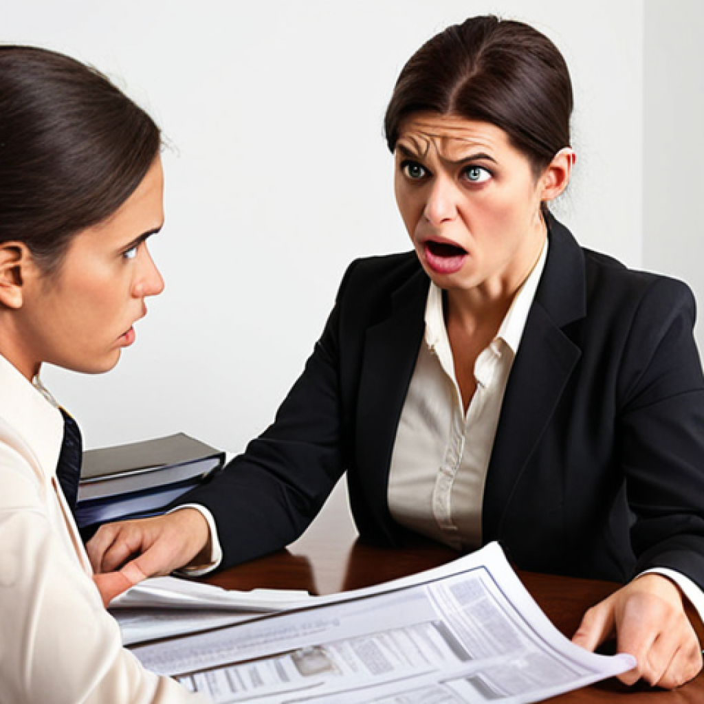 **

A frustrated client arguing with a stern-looking insurance broker across a desk piled high with confusing policy documents. Emphasize the tension and lack of understanding, perhaps with the client gesturing angrily and the broker looking defensive. The setting should be a generic, slightly outdated office. This illustrates "Non-fulfillment of obligations under the insurance contract."

**