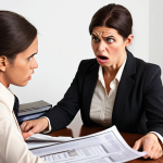**

A frustrated client arguing with a stern-looking insurance broker across a desk piled high with confusing policy documents. Emphasize the tension and lack of understanding, perhaps with the client gesturing angrily and the broker looking defensive. The setting should be a generic, slightly outdated office. This illustrates "Non-fulfillment of obligations under the insurance contract."

**