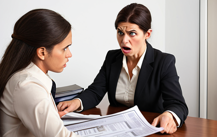 **
A frustrated client arguing with a stern-looking insurance broker across a desk piled high with confusing policy documents. Emphasize the tension and lack of understanding, perhaps with the client gesturing angrily and the broker looking defensive. The setting should be a generic, slightly outdated office. This illustrates "Non-fulfillment of obligations under the insurance contract."
**