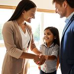 **Image Prompt:** A busy insurance agent shaking hands with a young family in their new home, sunlight streaming through the windows. Focus on conveying trust and security, highlighting the agent's role in protecting the family's future. Consider a modern, comfortable interior design. The scene should evoke a sense of well-being and financial safety.
