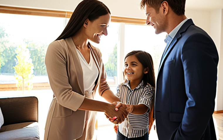 **Image Prompt:** A busy insurance agent shaking hands with a young family in their new home, sunlight streaming through the windows. Focus on conveying trust and security, highlighting the agent's role in protecting the family's future. Consider a modern, comfortable interior design. The scene should evoke a sense of well-being and financial safety.